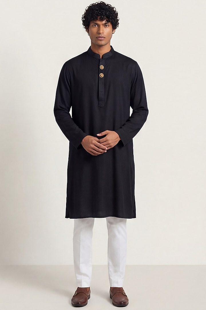 Black Cotton Satin Kurta by AASTHASHAH at Pernia's Pop Up Shop