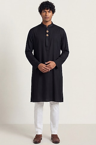 Black Cotton Satin Kurta by AASTHASHAH