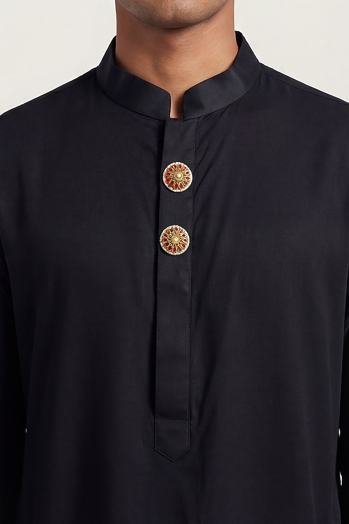 Black Cotton Satin Kurta by AASTHASHAH at Pernia's Pop Up Shop
