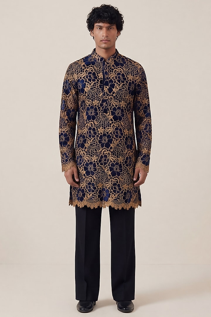 Midnight Blue Velvet Crochet Work Kurta by AASTHASHAH at Pernia's Pop Up Shop