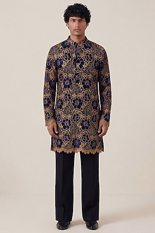 Midnight Blue Velvet Crochet Work Kurta by AASTHASHAH