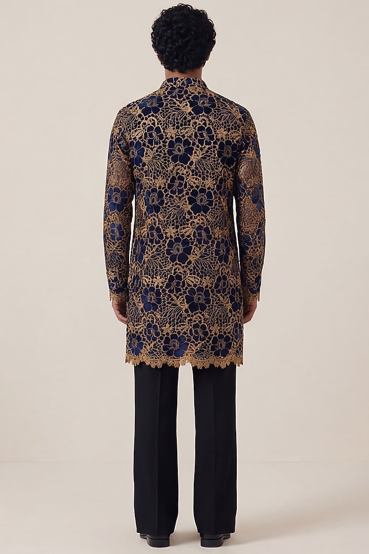 Midnight Blue Velvet Crochet Work Kurta by AASTHASHAH at Pernia's Pop Up Shop