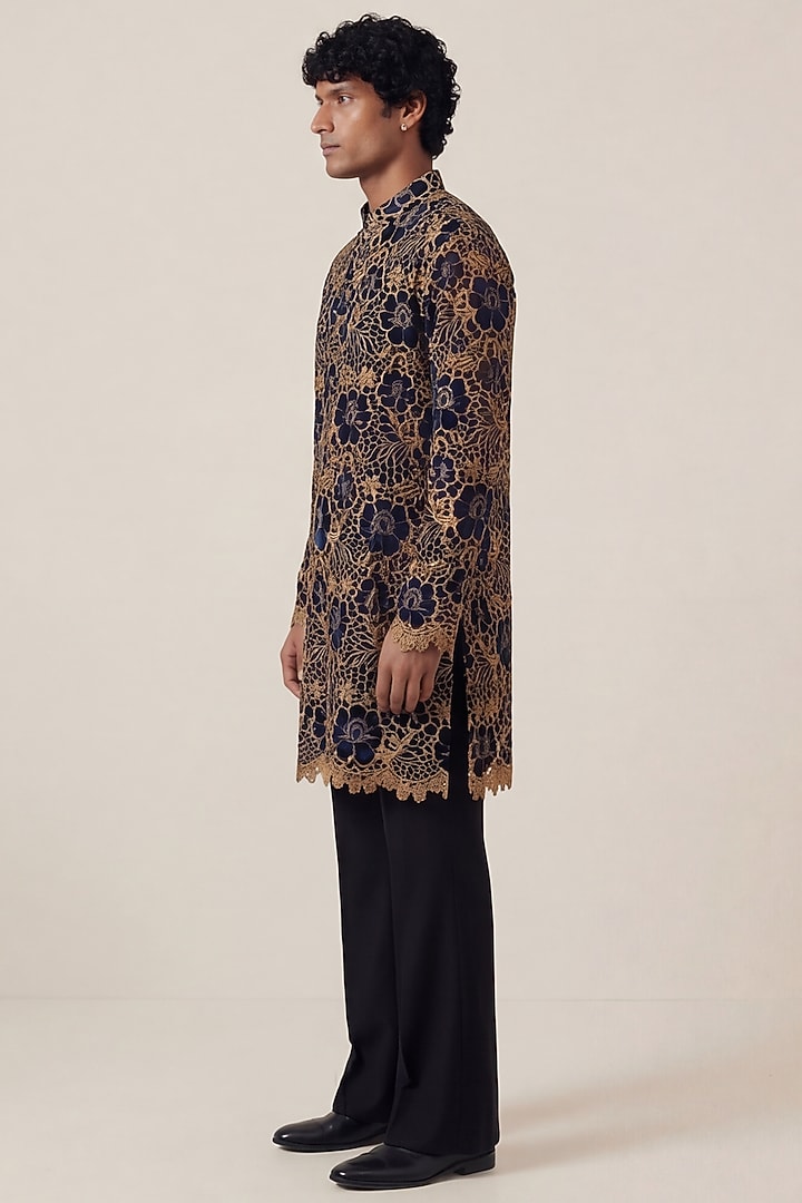 Midnight Blue Velvet Crochet Work Kurta by AASTHASHAH at Pernia's Pop Up Shop