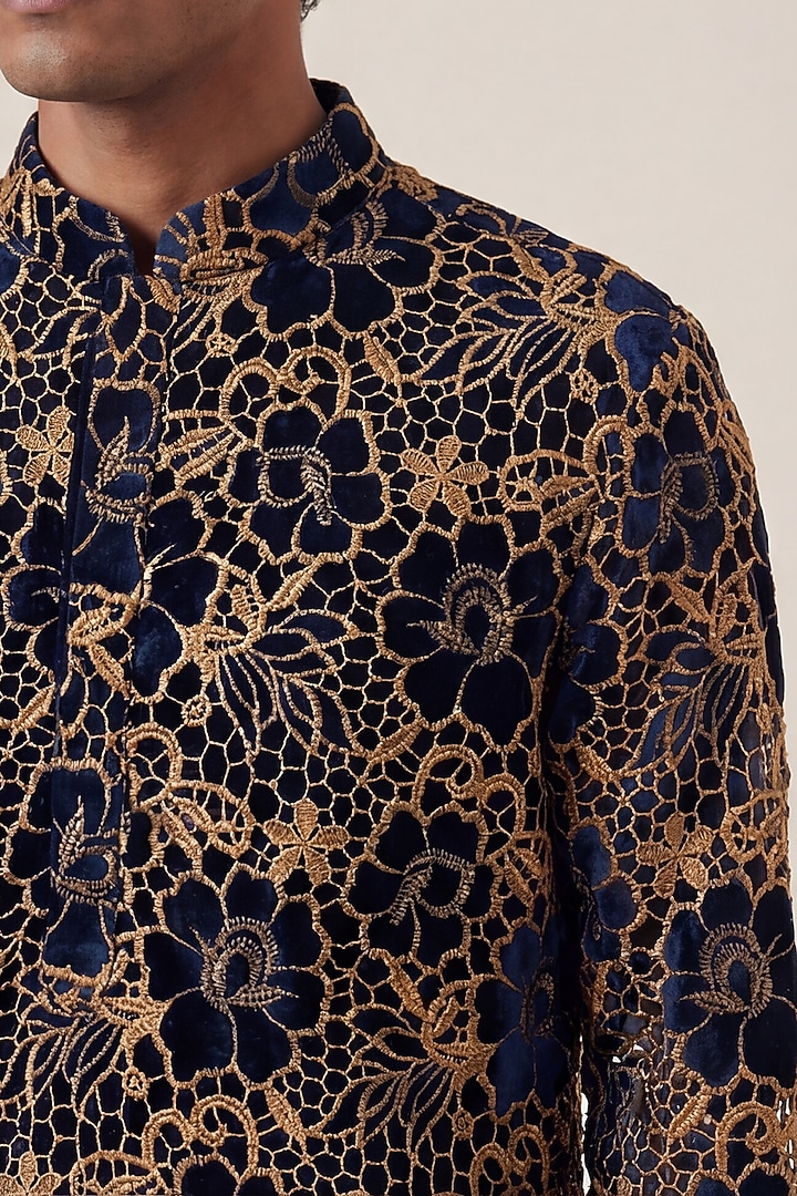 Midnight Blue Velvet Crochet Work Kurta by AASTHASHAH at Pernia's Pop Up Shop