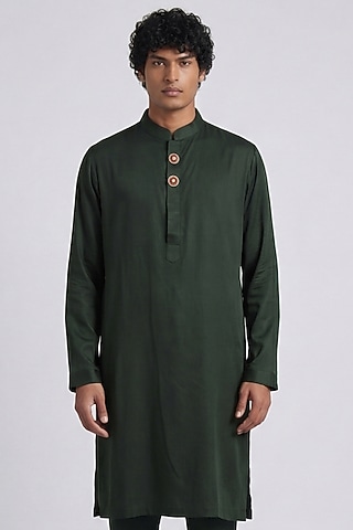 Green Cotton Satin Kurta by AASTHASHAH