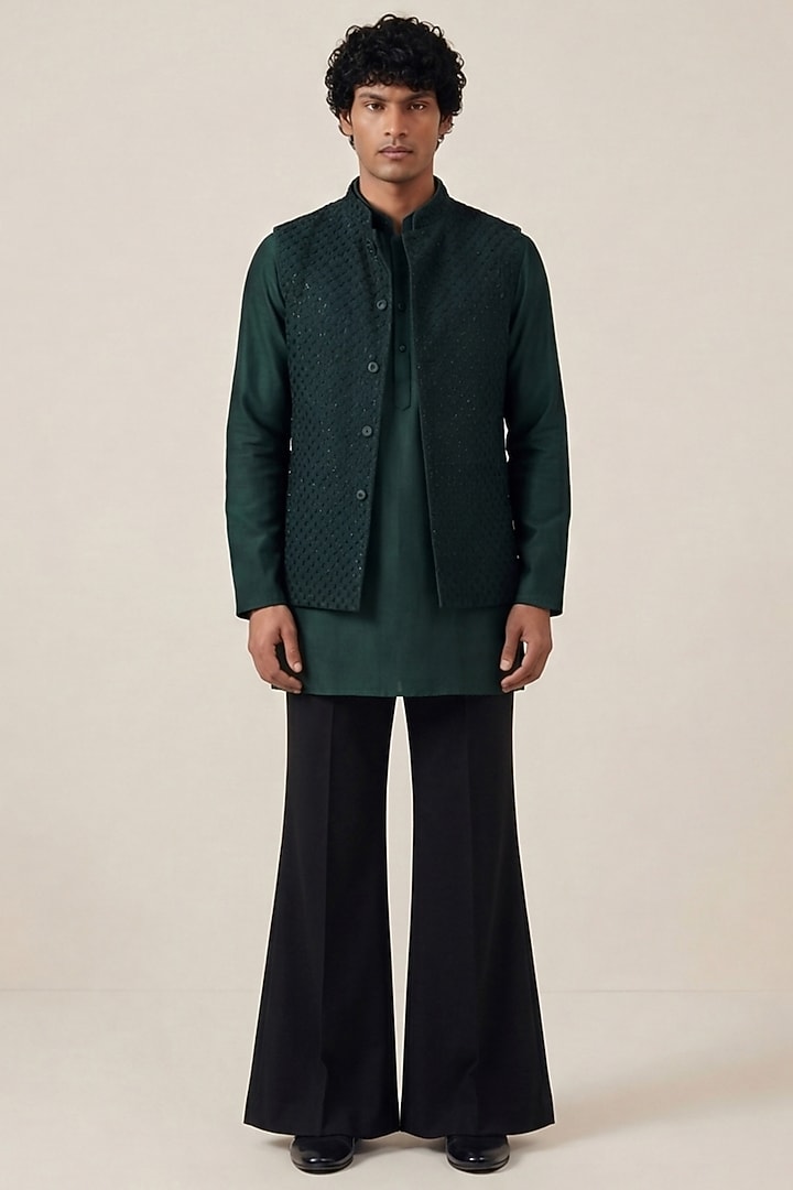 Green Bombay Silk Floral Tikki Work Jacket Set by AASTHASHAH at Pernia's Pop Up Shop