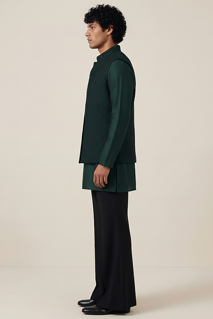 Green Bombay Silk Floral Tikki Work Jacket Set by AASTHASHAH at Pernia's Pop Up Shop