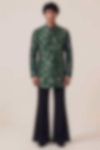 Green Georgette & Bombay Silk Floral Tikki Work Jacket Set by AASTHASHAH at Pernia's Pop Up Shop