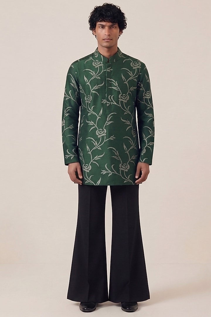 Green Georgette & Bombay Silk Floral Tikki Work Jacket Set by AASTHASHAH at Pernia's Pop Up Shop