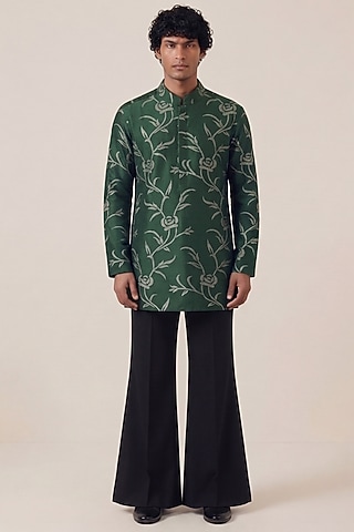 Green Georgette & Bombay Silk Floral Tikki Work Jacket Set by AASTHASHAH