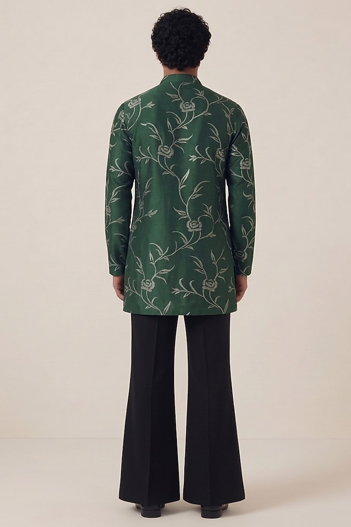 Green Georgette & Bombay Silk Floral Tikki Work Jacket Set by AASTHASHAH at Pernia's Pop Up Shop