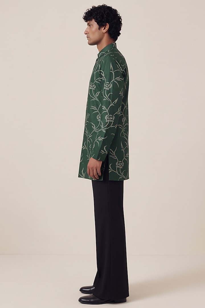 Green Georgette & Bombay Silk Floral Tikki Work Jacket Set by AASTHASHAH at Pernia's Pop Up Shop