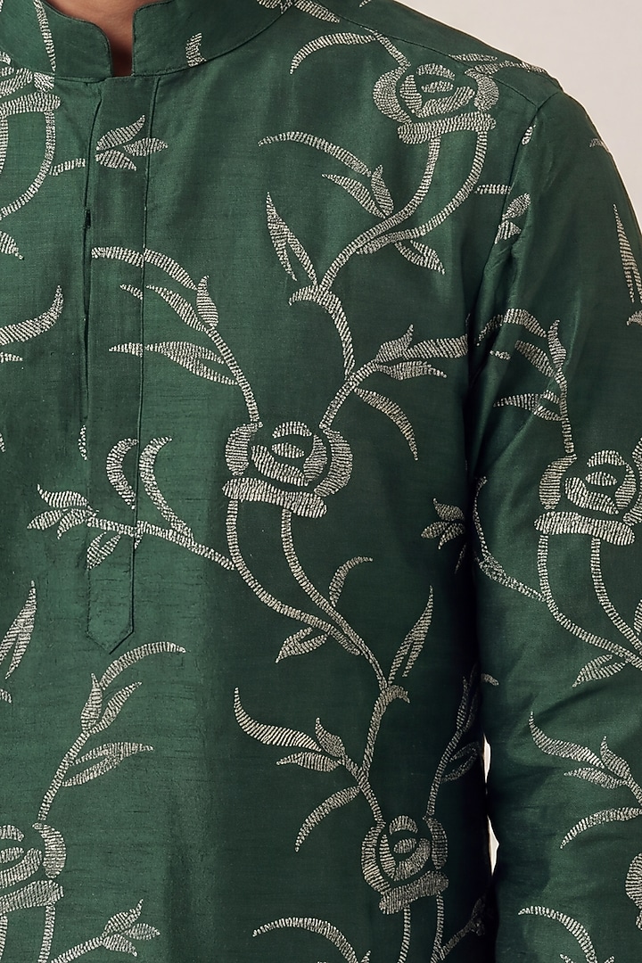 Green Georgette & Bombay Silk Floral Tikki Work Jacket Set by AASTHASHAH at Pernia's Pop Up Shop