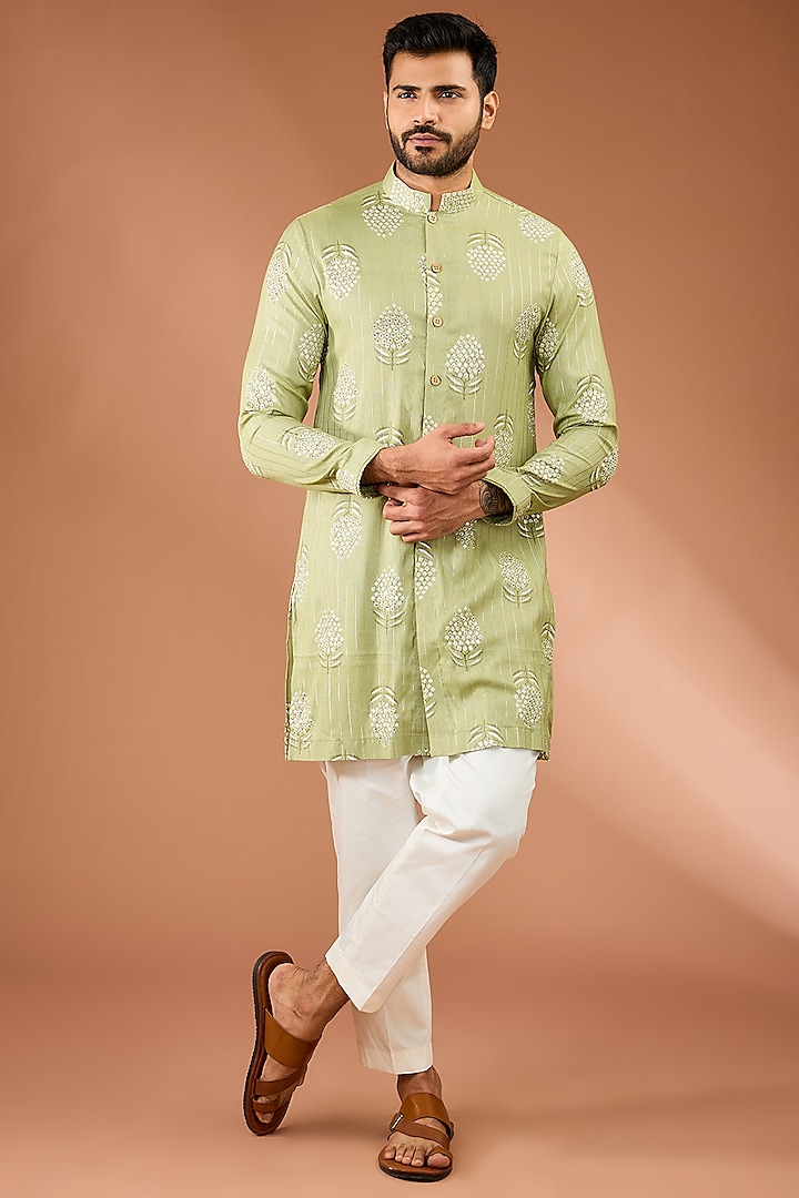 Green Viscose Blend Boota Handwork Kurta Set by AASTHASHAH