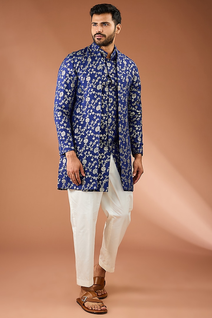 Blue Silk Tikki Handwork & Floral Printed Indowestern Set by AASTHASHAH at Pernia's Pop Up Shop