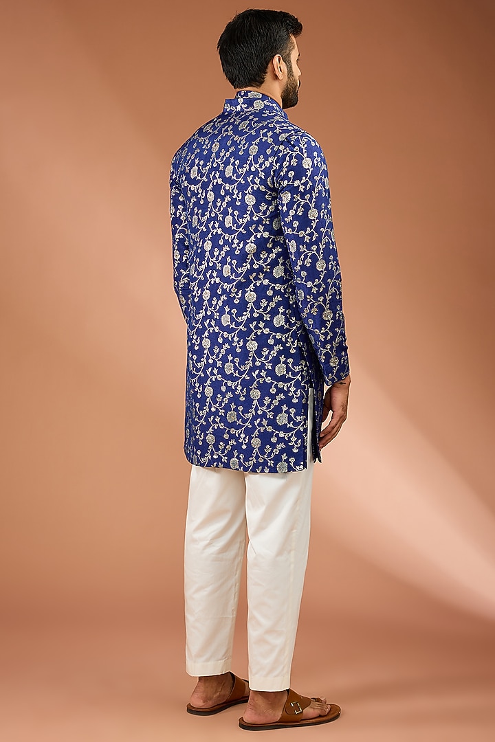 Blue Silk Tikki Handwork & Floral Printed Indowestern Set by AASTHASHAH at Pernia's Pop Up Shop