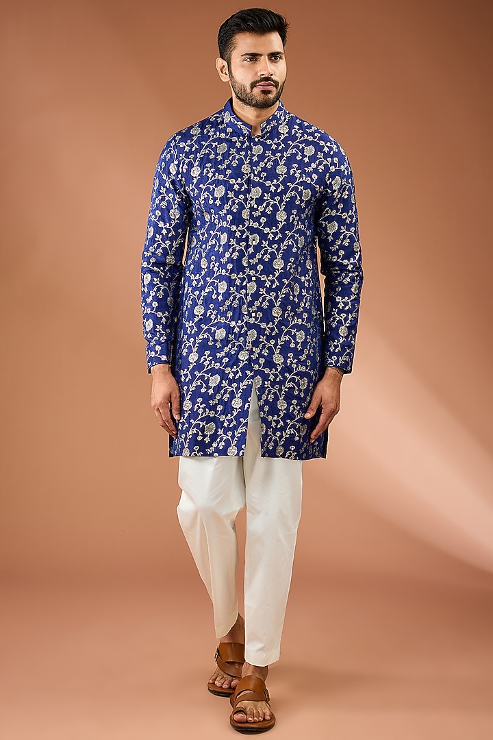 Blue Silk Tikki Handwork & Floral Printed Indowestern Set by AASTHASHAH at Pernia's Pop Up Shop
