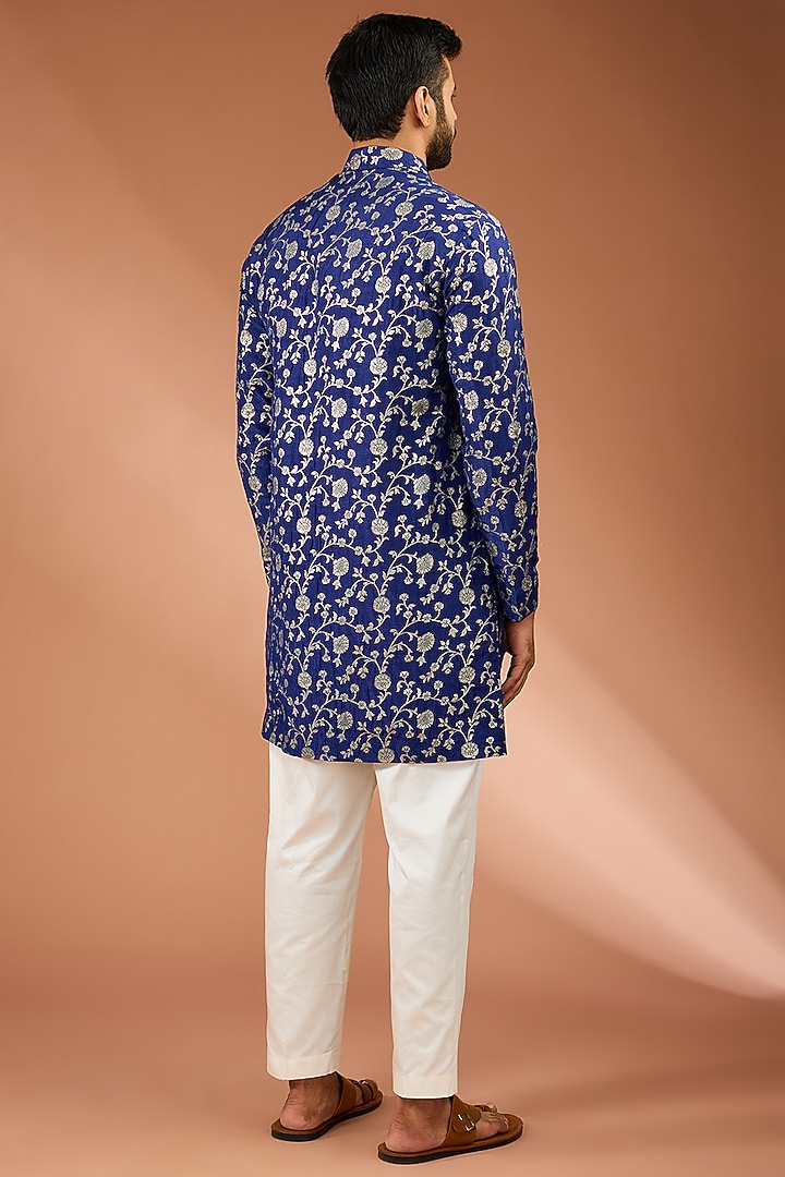 Blue Silk Tikki Handwork & Floral Printed Indowestern Set by AASTHASHAH at Pernia's Pop Up Shop