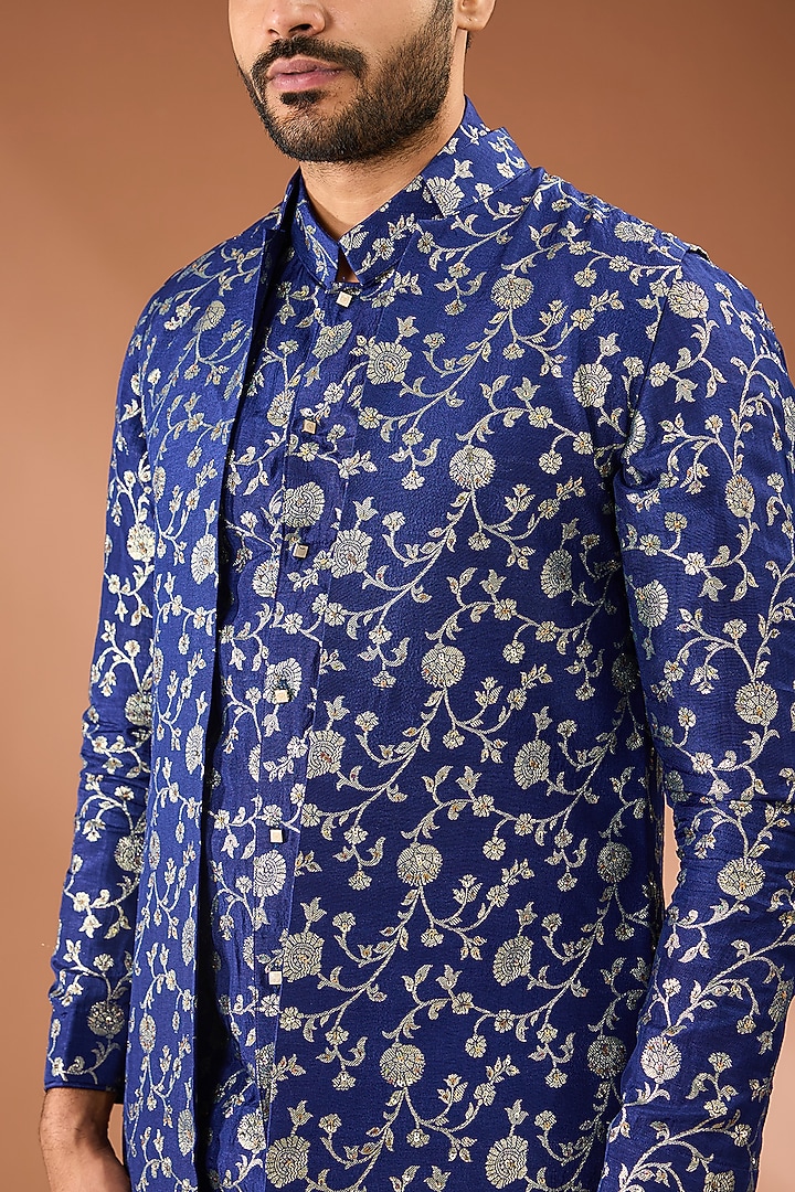 Blue Silk Tikki Handwork & Floral Printed Indowestern Set by AASTHASHAH at Pernia's Pop Up Shop