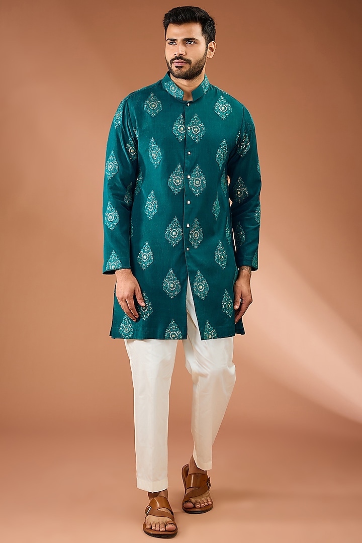 Greenish-Blue Georgette Butta Printed Kurta Set by AASTHASHAH