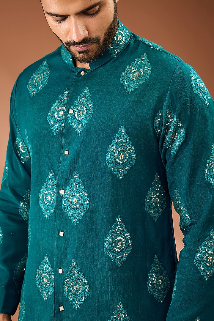 Greenish-Blue Georgette Butta Printed Kurta Set by AASTHASHAH at Pernia's Pop Up Shop