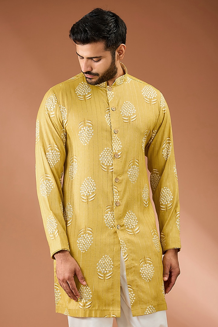 Yellow Viscose Blend Tikki Handwork & Butta Printed Kurta Set by AASTHASHAH at Pernia's Pop Up Shop