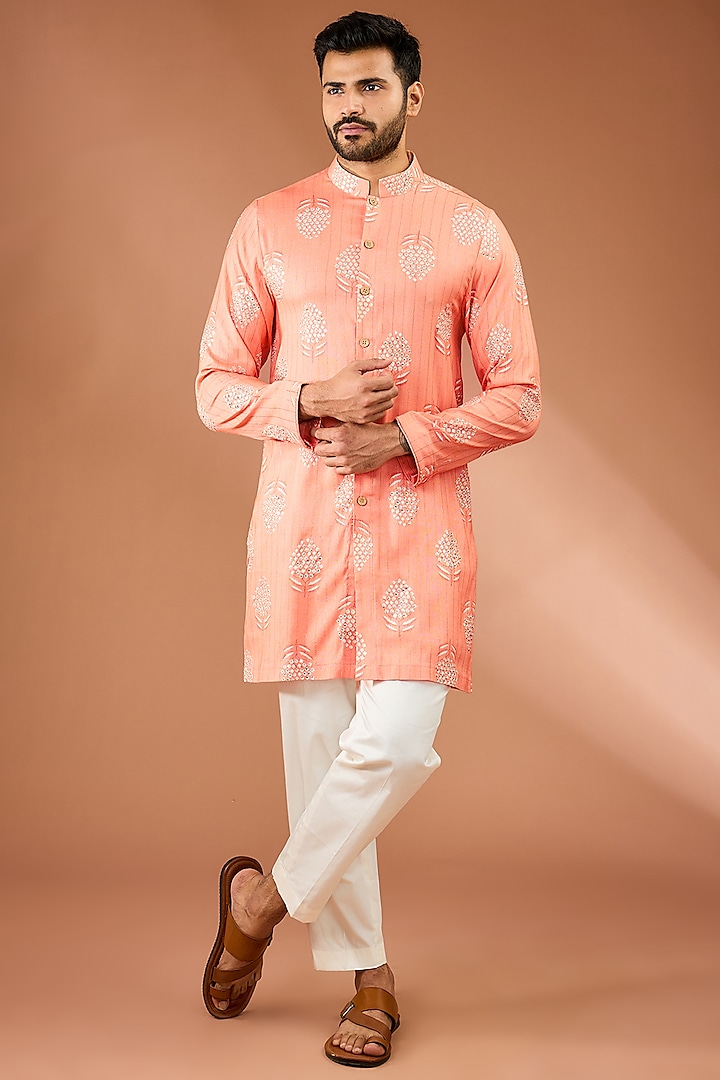 Peach Viscose Blend Tikki Handwork & Butta Printed Kurta Set by AASTHASHAH