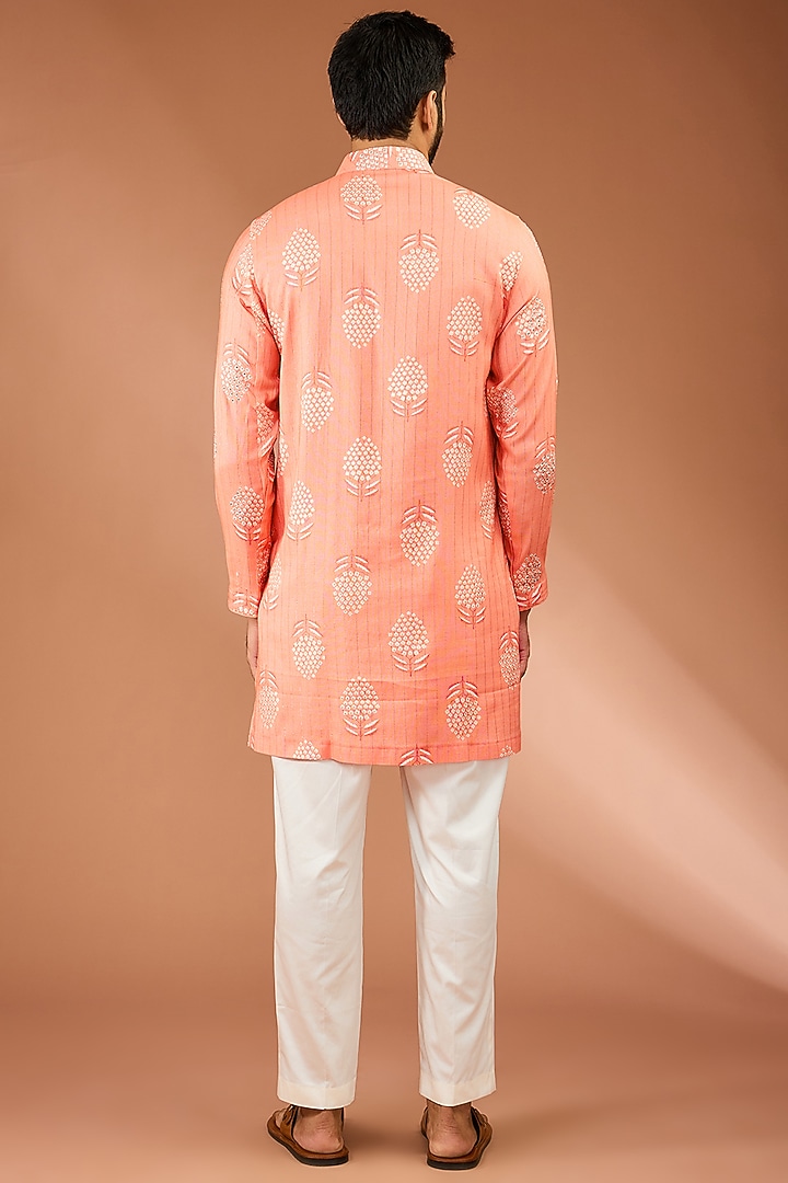 Peach Viscose Blend Tikki Handwork & Butta Printed Kurta Set by AASTHASHAH at Pernia's Pop Up Shop