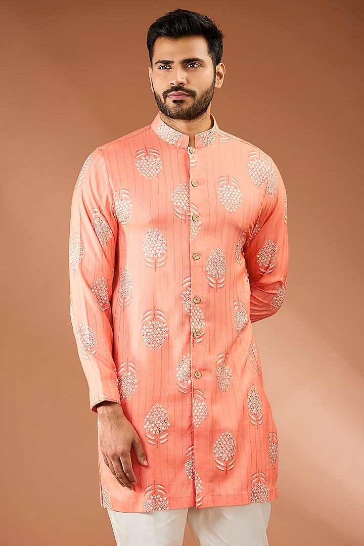 Peach Viscose Blend Tikki Handwork & Butta Printed Kurta Set by AASTHASHAH at Pernia's Pop Up Shop