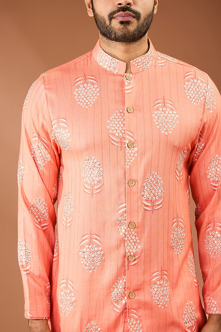 Peach Viscose Blend Tikki Handwork & Butta Printed Kurta Set by AASTHASHAH at Pernia's Pop Up Shop