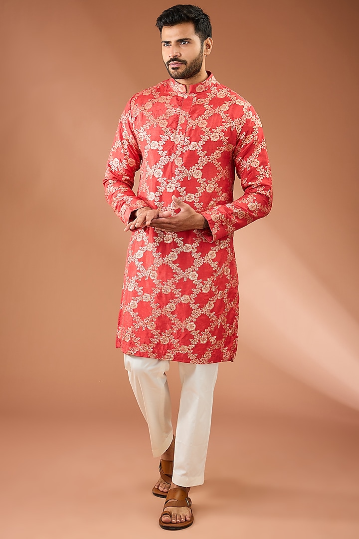 Red Silk Tikki Handwork & Butta Printed Kurta Set by AASTHASHAH at Pernia's Pop Up Shop