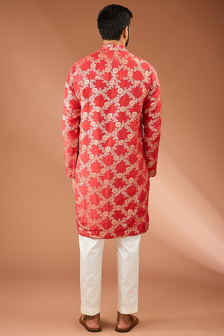 Red Silk Tikki Handwork & Butta Printed Kurta Set by AASTHASHAH at Pernia's Pop Up Shop