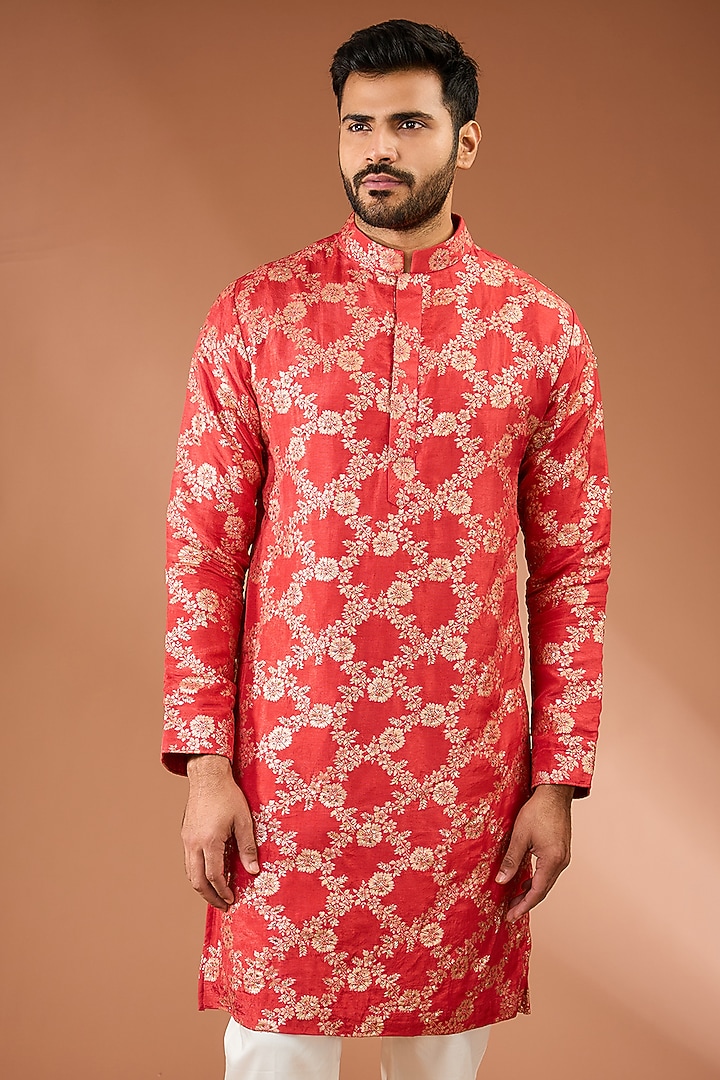 Red Silk Tikki Handwork & Butta Printed Kurta Set by AASTHASHAH at Pernia's Pop Up Shop