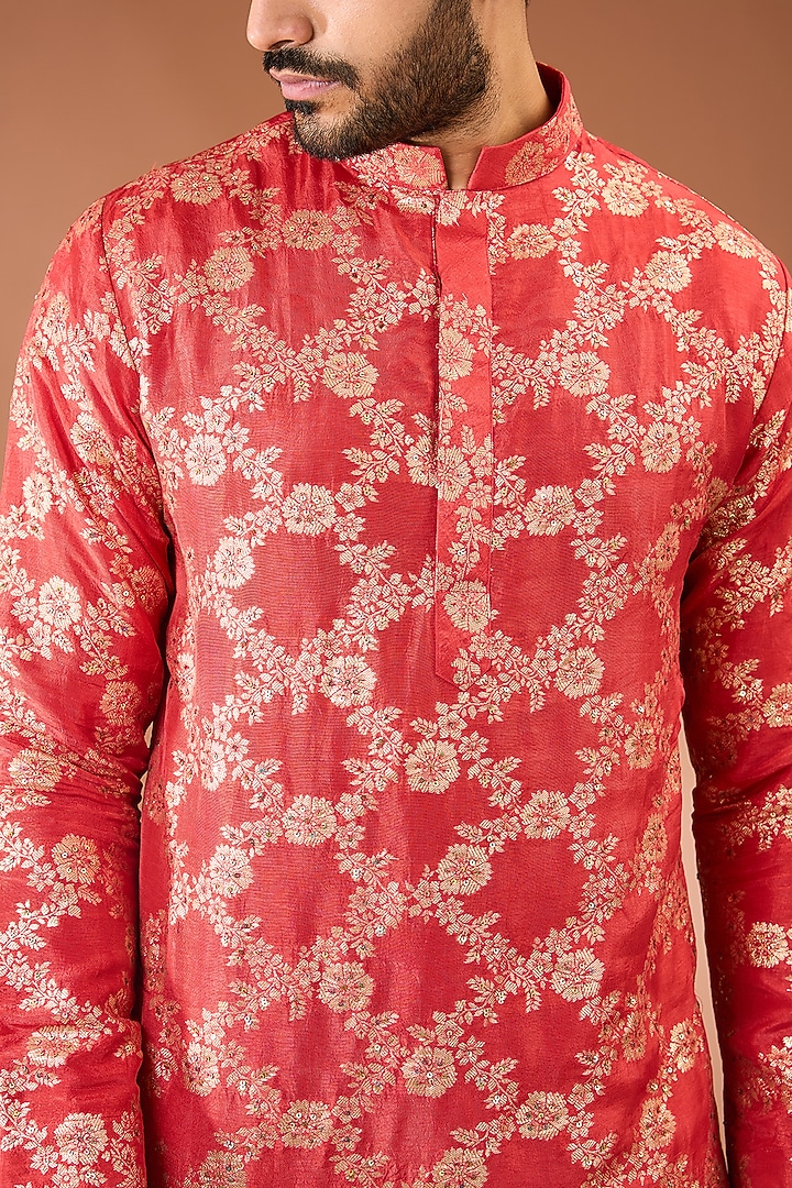 Red Silk Tikki Handwork & Butta Printed Kurta Set by AASTHASHAH at Pernia's Pop Up Shop