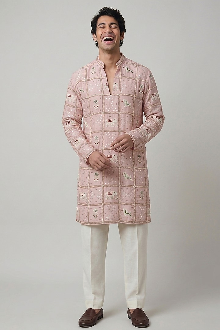 Pastel Pink Silk Tissue Handwork Kurta by AASTHASHAH at Pernia's Pop Up Shop