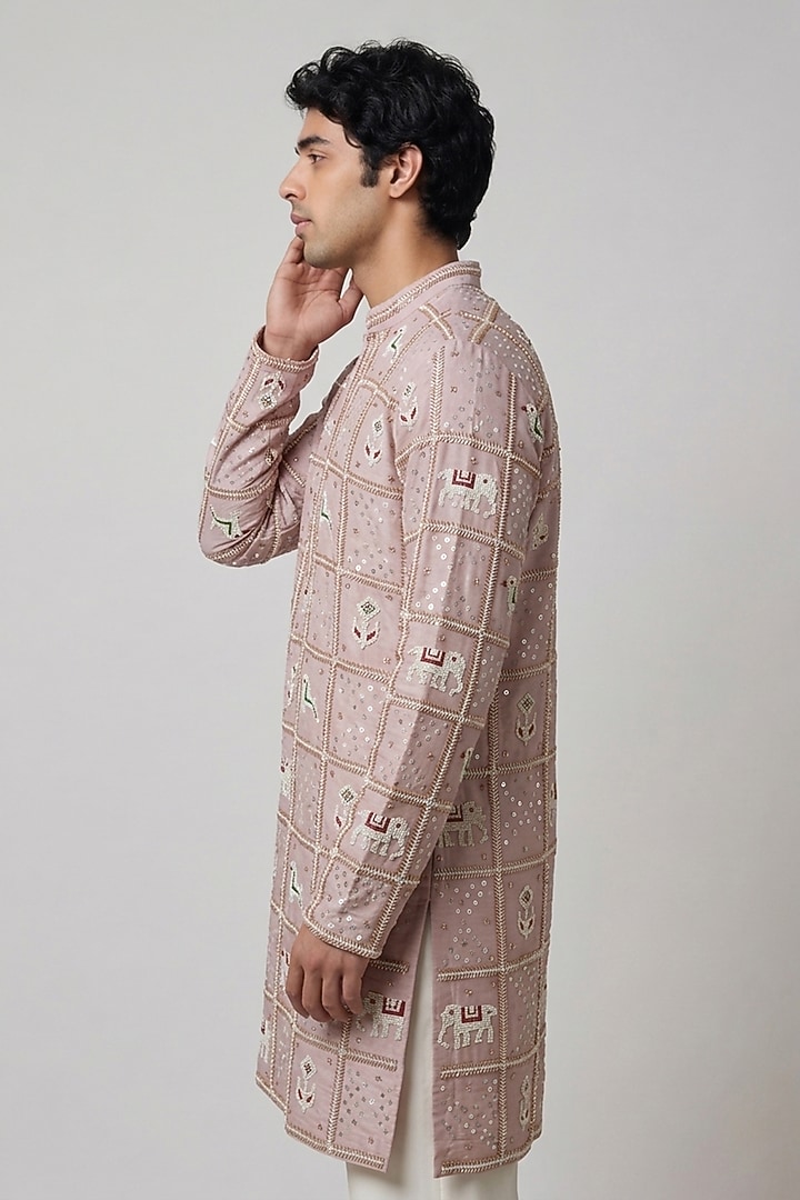 Pastel Pink Silk Tissue Handwork Kurta by AASTHASHAH at Pernia's Pop Up Shop