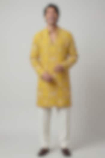 Yellow Silk Tissue Patola Handwork Kurta by AASTHASHAH at Pernia's Pop Up Shop