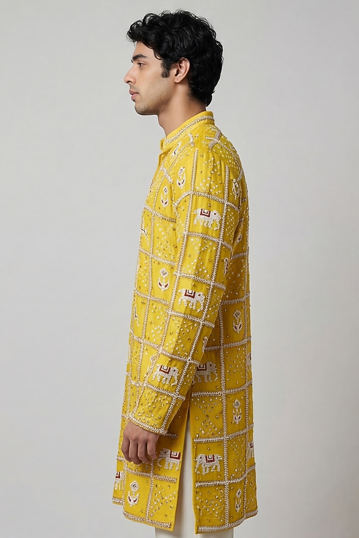 Yellow Silk Tissue Patola Handwork Kurta by AASTHASHAH at Pernia's Pop Up Shop