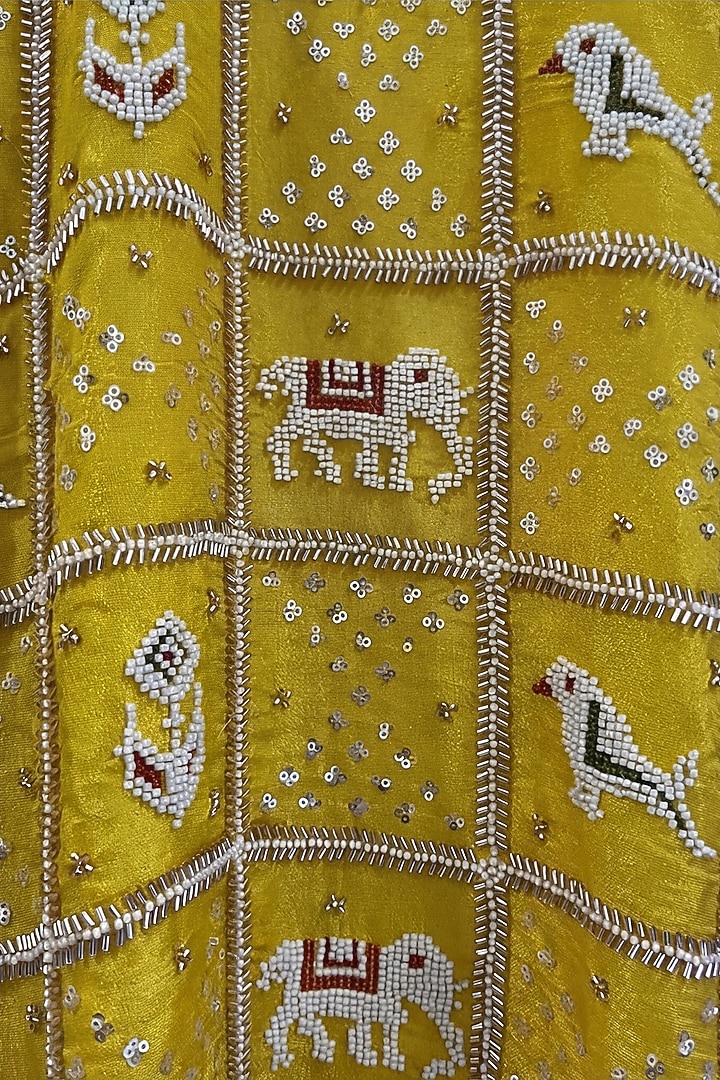 Yellow Silk Tissue Patola Handwork Kurta by AASTHASHAH at Pernia's Pop Up Shop