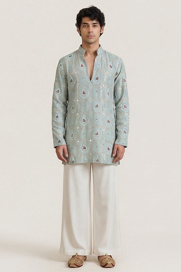 Mint Green Silk Tissue Patola Handwork Short Kurta by AASTHASHAH at Pernia's Pop Up Shop