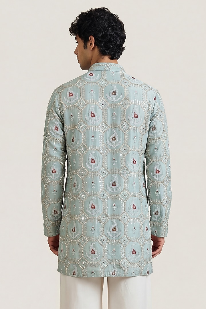 Mint Green Silk Tissue Patola Handwork Short Kurta by AASTHASHAH at Pernia's Pop Up Shop