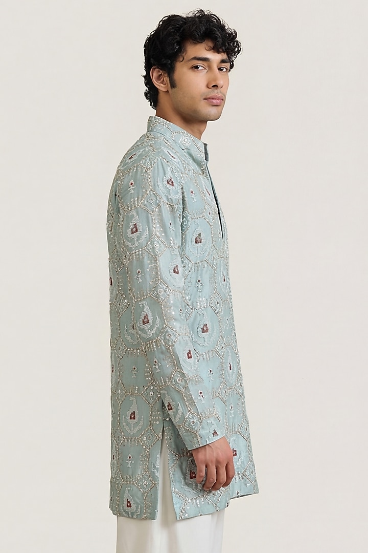 Mint Green Silk Tissue Patola Handwork Short Kurta by AASTHASHAH at Pernia's Pop Up Shop