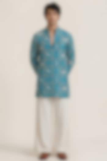 Blue Silk Tissue Patola Handwork Short Kurta by AASTHASHAH at Pernia's Pop Up Shop