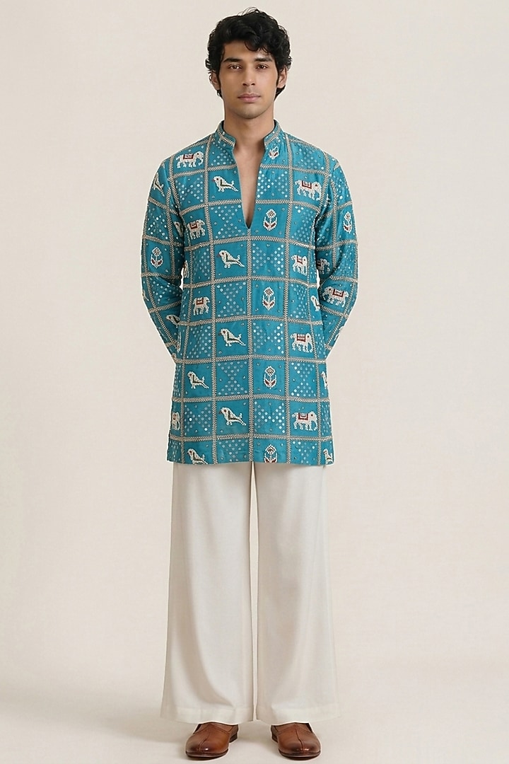 Blue Silk Tissue Patola Handwork Short Kurta by AASTHASHAH at Pernia's Pop Up Shop