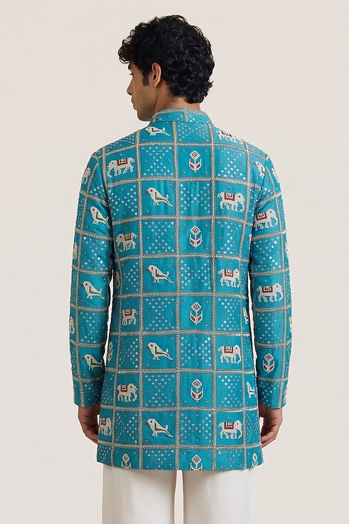 Blue Silk Tissue Patola Handwork Short Kurta by AASTHASHAH at Pernia's Pop Up Shop