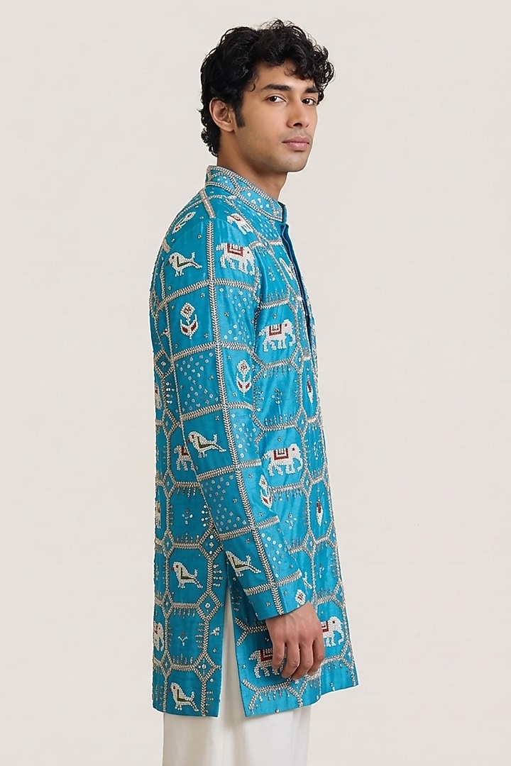 Blue Silk Tissue Patola Handwork Short Kurta by AASTHASHAH at Pernia's Pop Up Shop