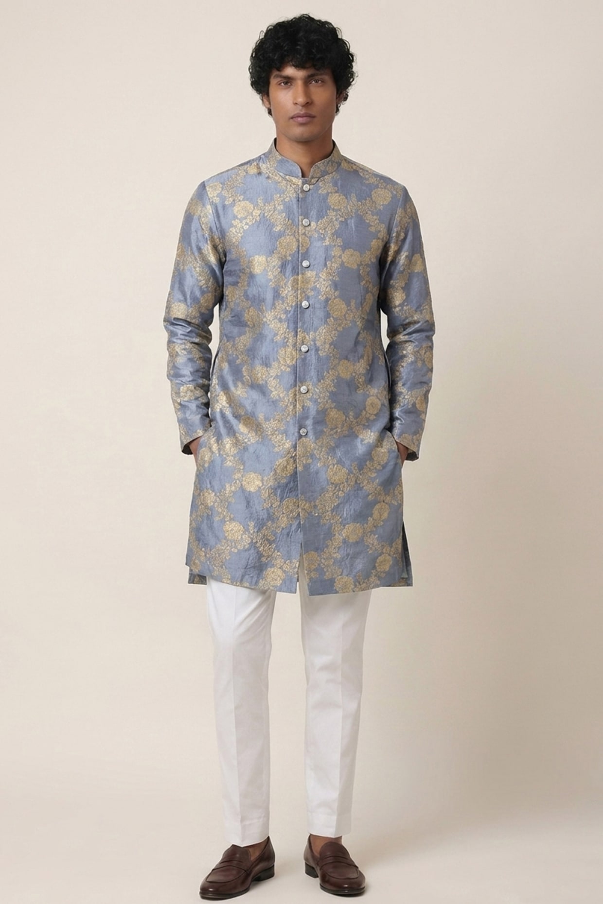 AASTHASHAH Blue & Grey Banarasi Silk Floral Work Kurta