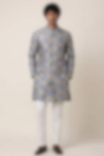 Blue & Grey Banarasi Silk Floral Work Kurta by AASTHASHAH at Pernia's Pop Up Shop