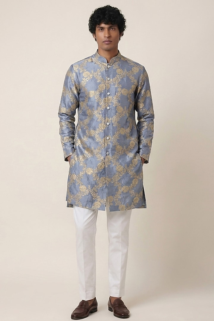 Blue & Grey Banarasi Silk Floral Work Kurta by AASTHASHAH at Pernia's Pop Up Shop