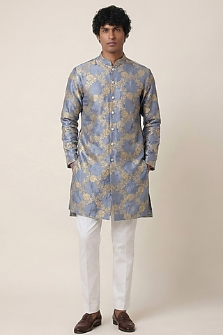 Blue & Grey Banarasi Silk Floral Work Kurta by aasthashah